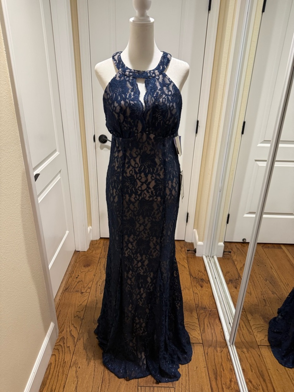 NWT Night Way Collections Navy and Nude Lace Halter Gown